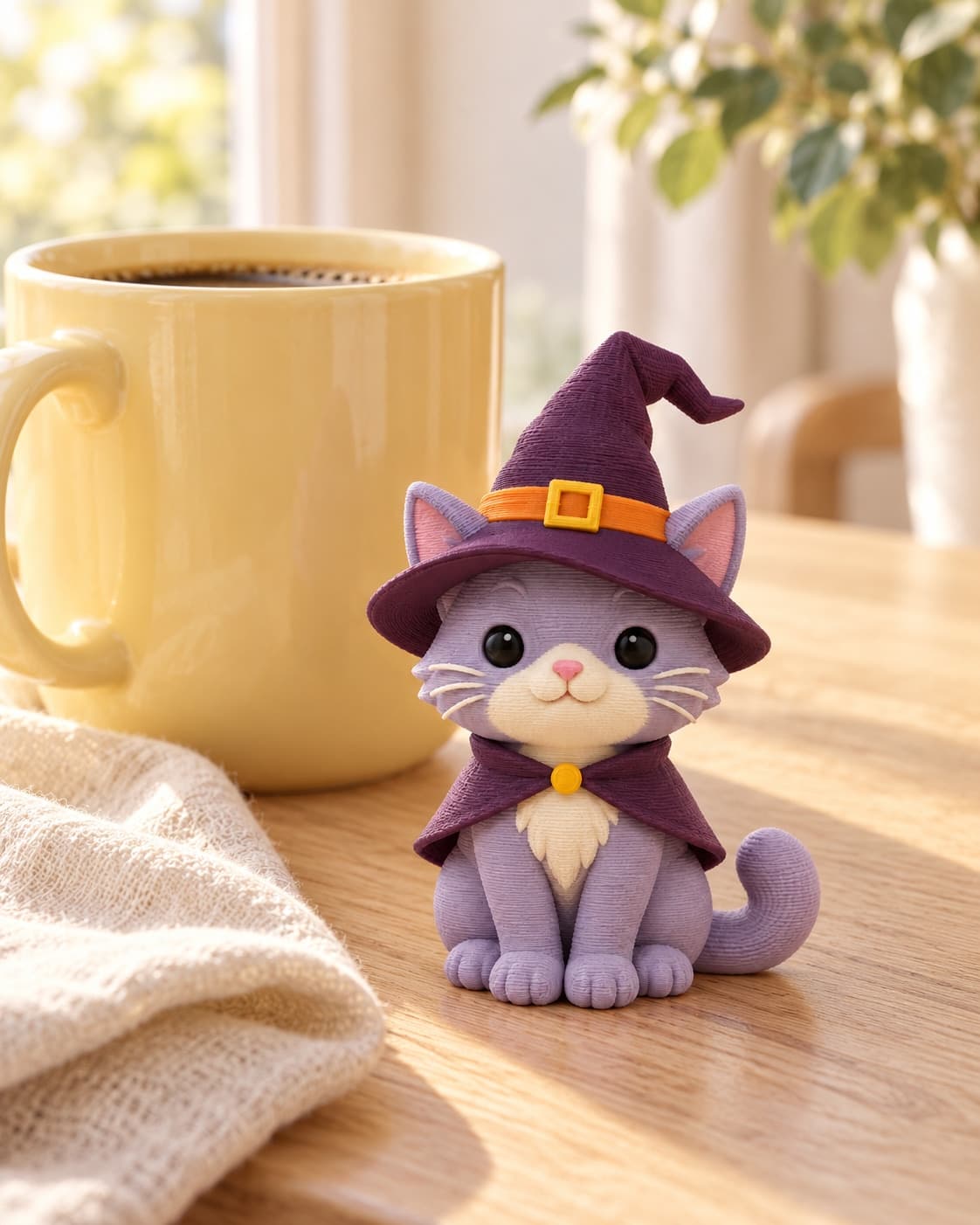 A lilac witch cat clicker beside a yellow coffee mug on a pale wood table