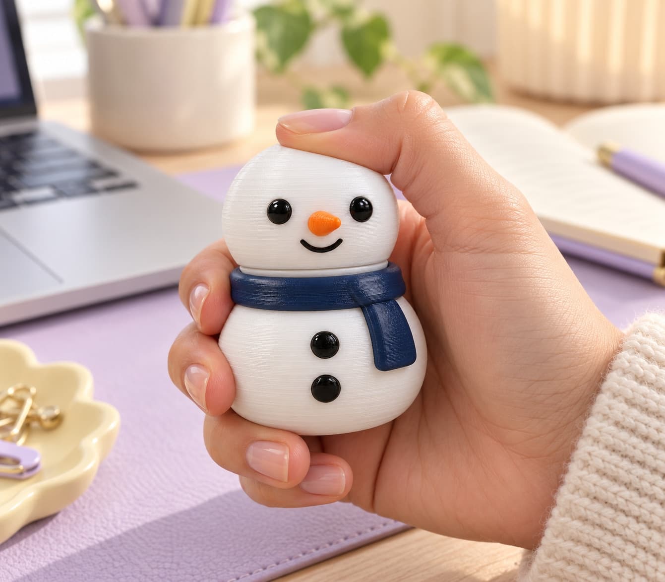 A hand pressing a snowman clicker beside a laptop and notebook